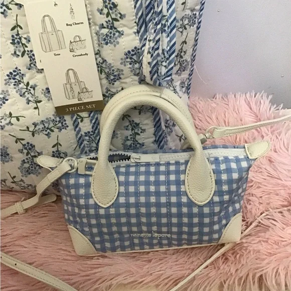 NWT Nanette Lepore Blue & White Quilted Floral Tote W/Gingham Mini Pouch + Charm - Picture 5 of 8